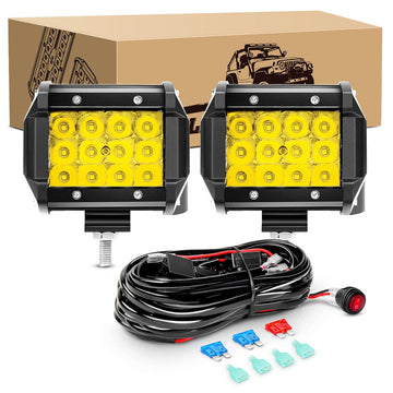 2 Pcs 4 Inch 36W 3600LM Triple Row Flood Amber LED Pods with 16AWG 3Pin Wiring Harness-2 Leads